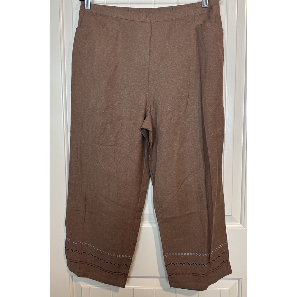 White Stag brown rayon linen wide leg crop pants embroidered lagenlook Sz L NWT